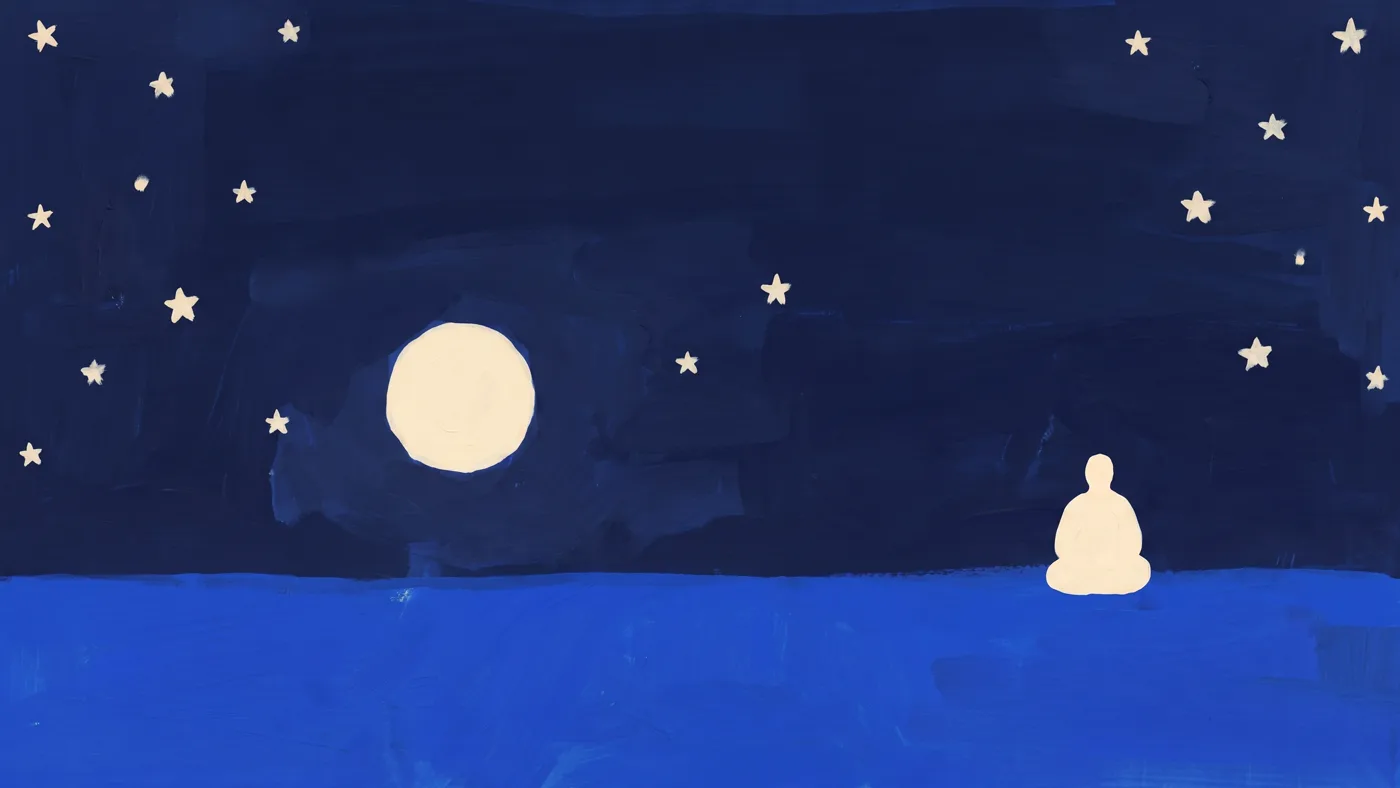 Une silhouette assise en méditation au bord de la mer, sous la lune.