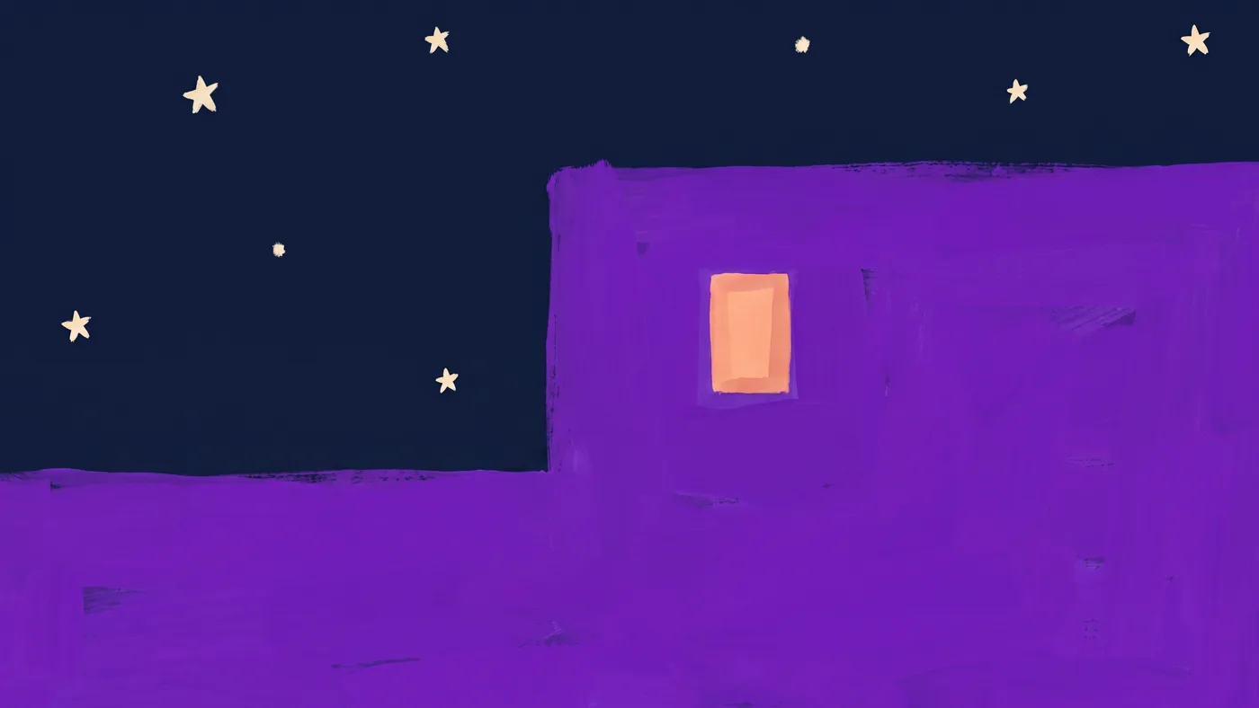 Peinture d'un immeuble violet la nuit, une seule fenêtre allumée, sous un ciel étoilé.