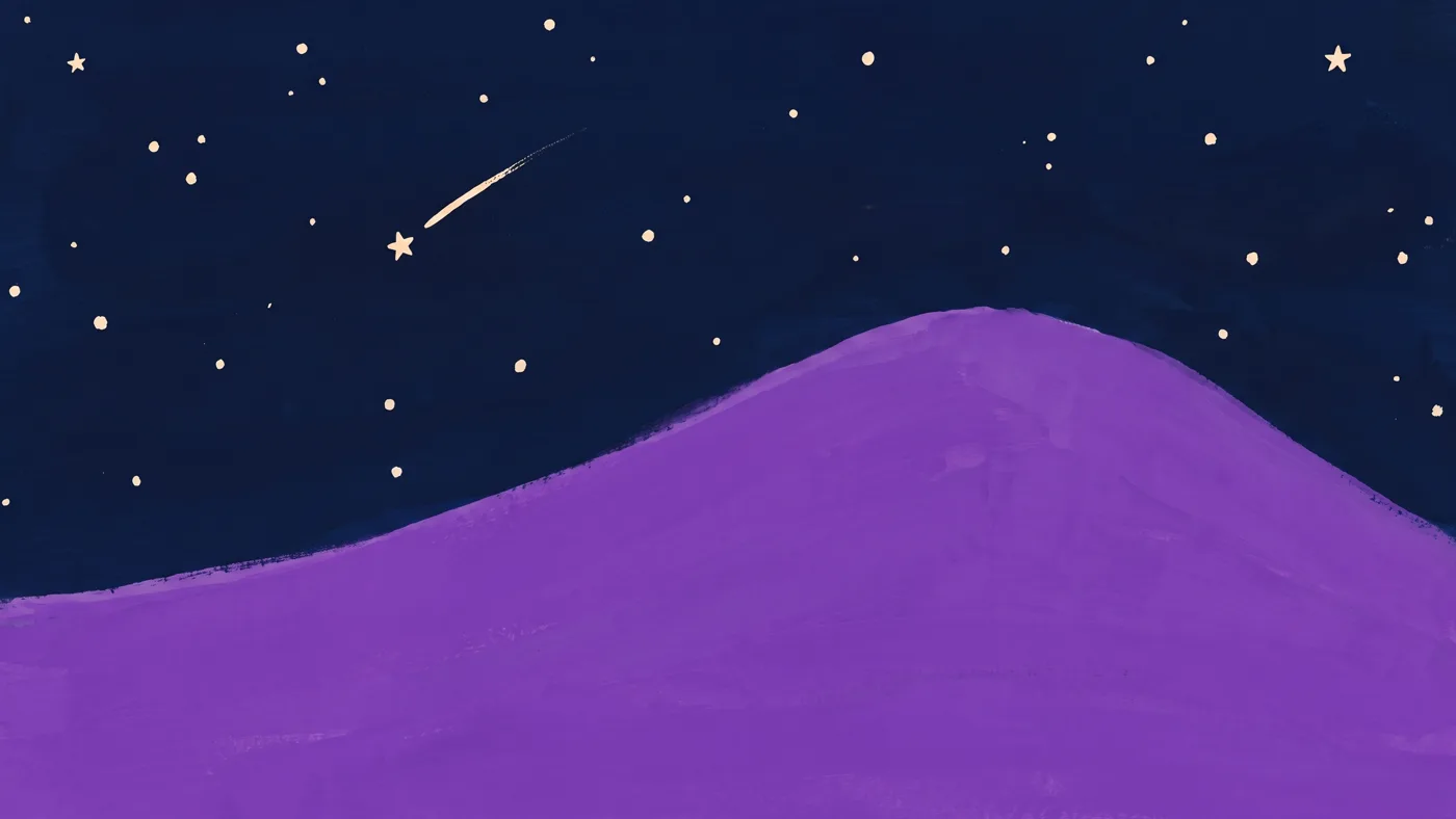 Une colline violette sous un ciel étoilé et une étoile filante.
